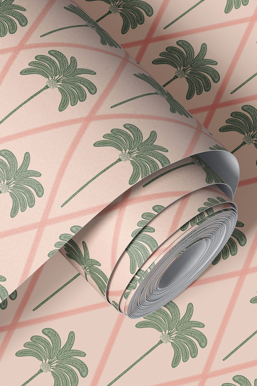 washable and stain resistant performance vinyl wallpaper quality, pink base with ribbon lattice detail, includes green palmetto palm trees arranged in geometric pattern