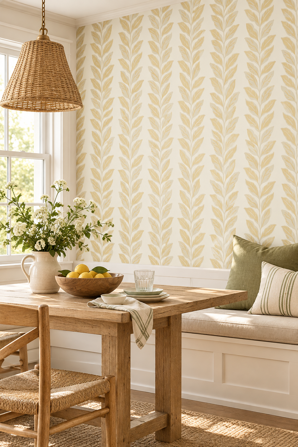 eating nook with luxury grass cloth wall covering featuring a classic leaf striped botanical design