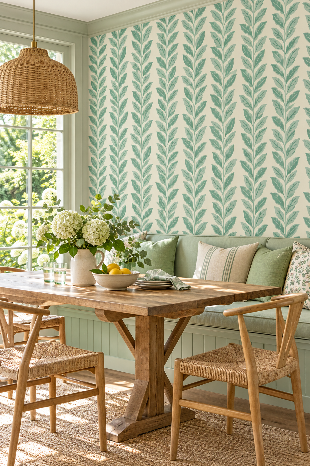 all-natural and eco-friendly grass cloth wallpaper with neutral ground and shades of green vertical leaf stripe in this classic breakfast nook