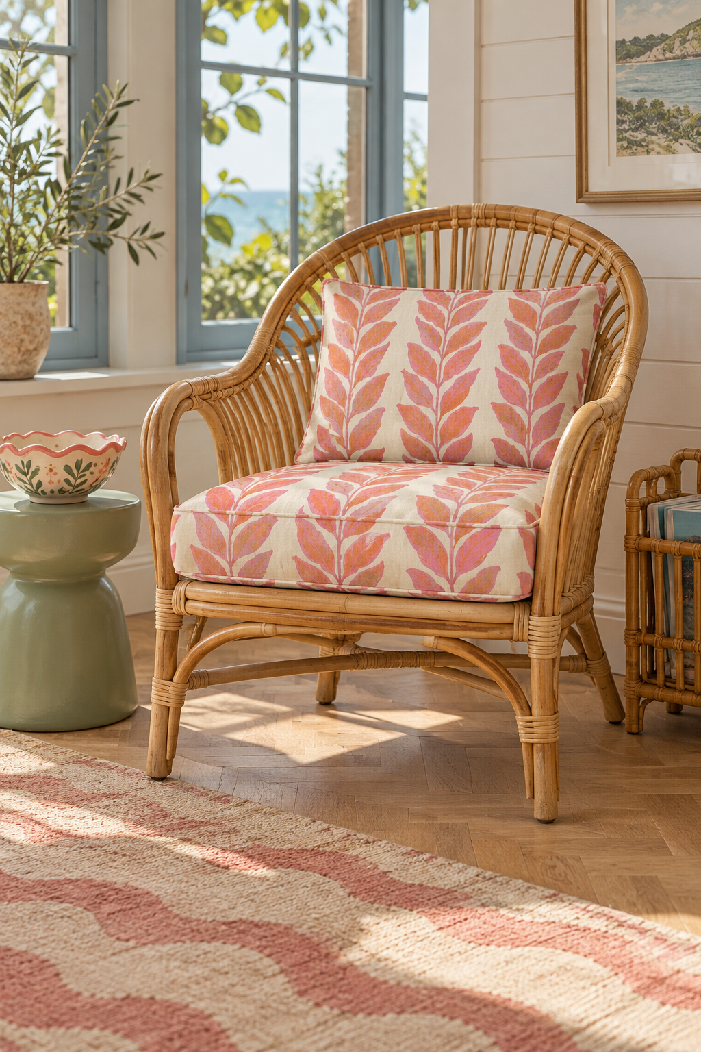 Botanical stripe upholstery fabric featuring hand-painted leafy vines in fresh, playful colorways with a classic striped layout featured on this rattan chair in a coastal living room