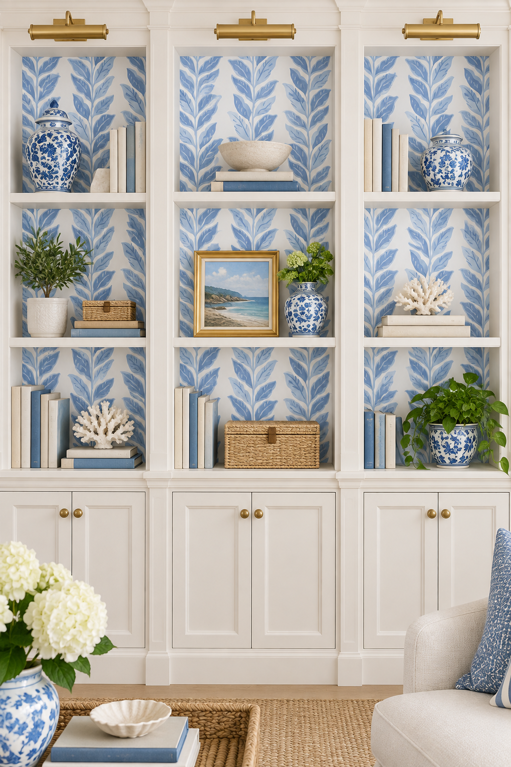 coastal inspired living room with soft french blue striped palm leaf wallpaper hung behind a traditional bookshelf
