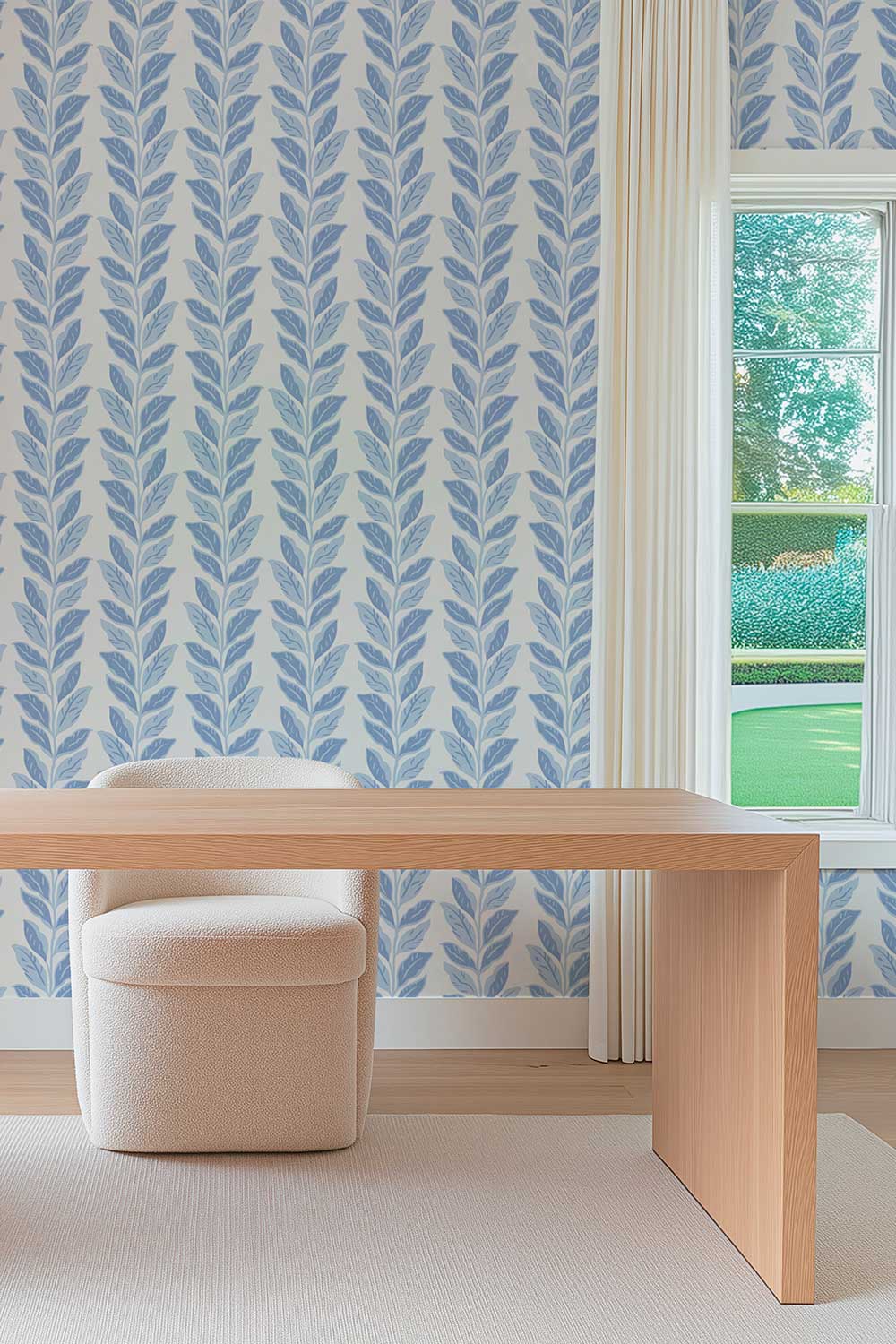 modern home office with soft french blue striped palm leaf wallpaper