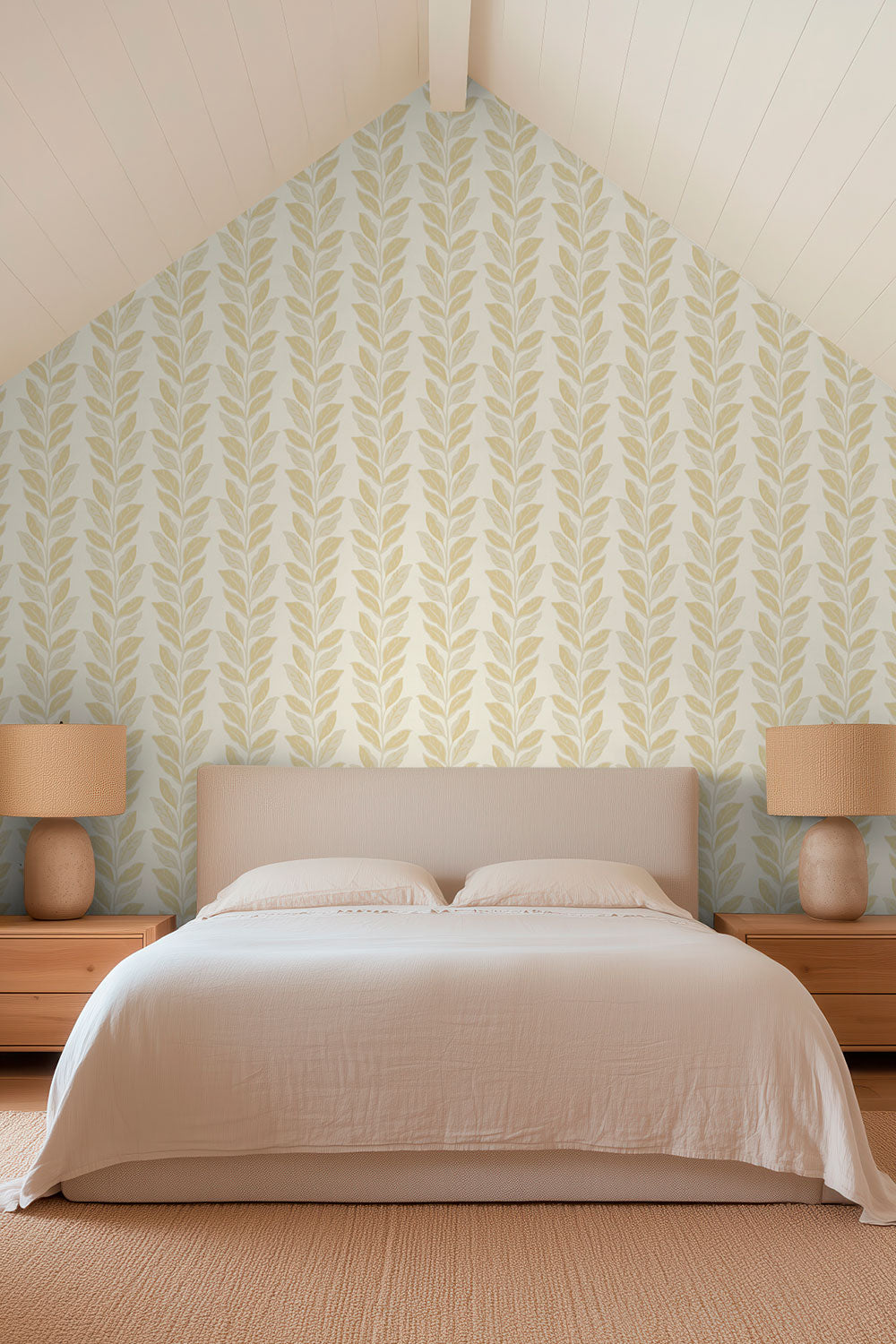 luxury bedroom with beige leaf striped grass cloth wall-covering, a bed, and lamps under leaf-patterned wallpaper.