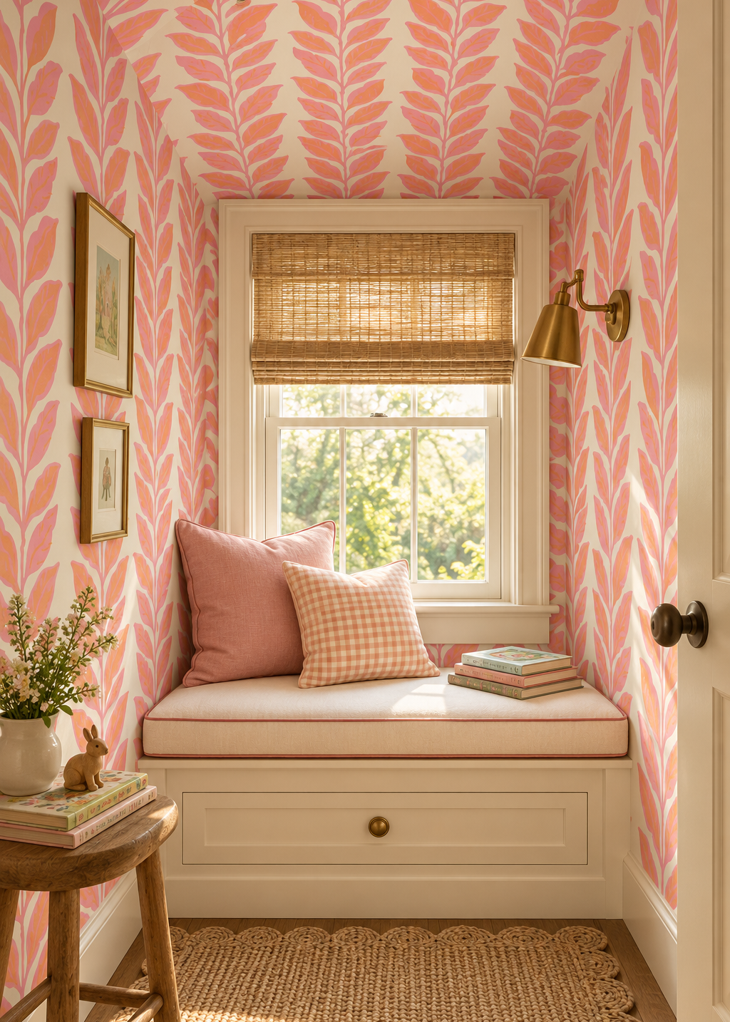 cozy reading nook in traditional house featuring traditional wallpaper of coral and pink stripe botanic leaves.