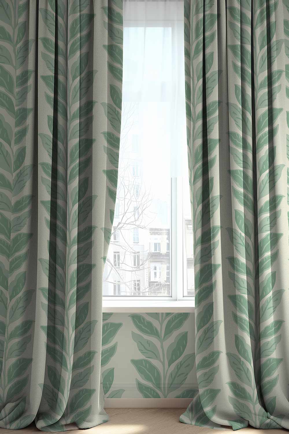 Botanical stripe upholstery fabric featuring hand-painted leafy vines in fresh, playful colorways with a classic striped layout.