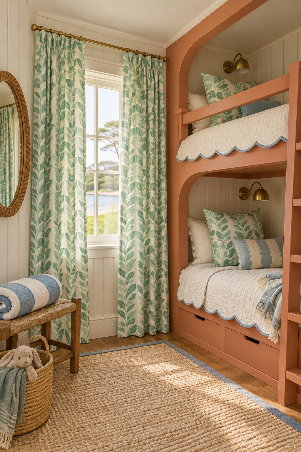 Botanical stripe upholstery fabric featuring hand-painted leafy vines in fresh, playful colorways with a classic striped layout featured as the drapery in this coastal bunk room