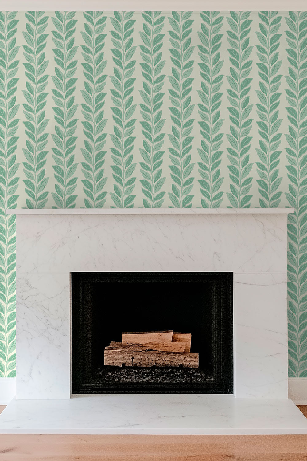 luxury Fireplace with custom green leaf-patterned wallpaper