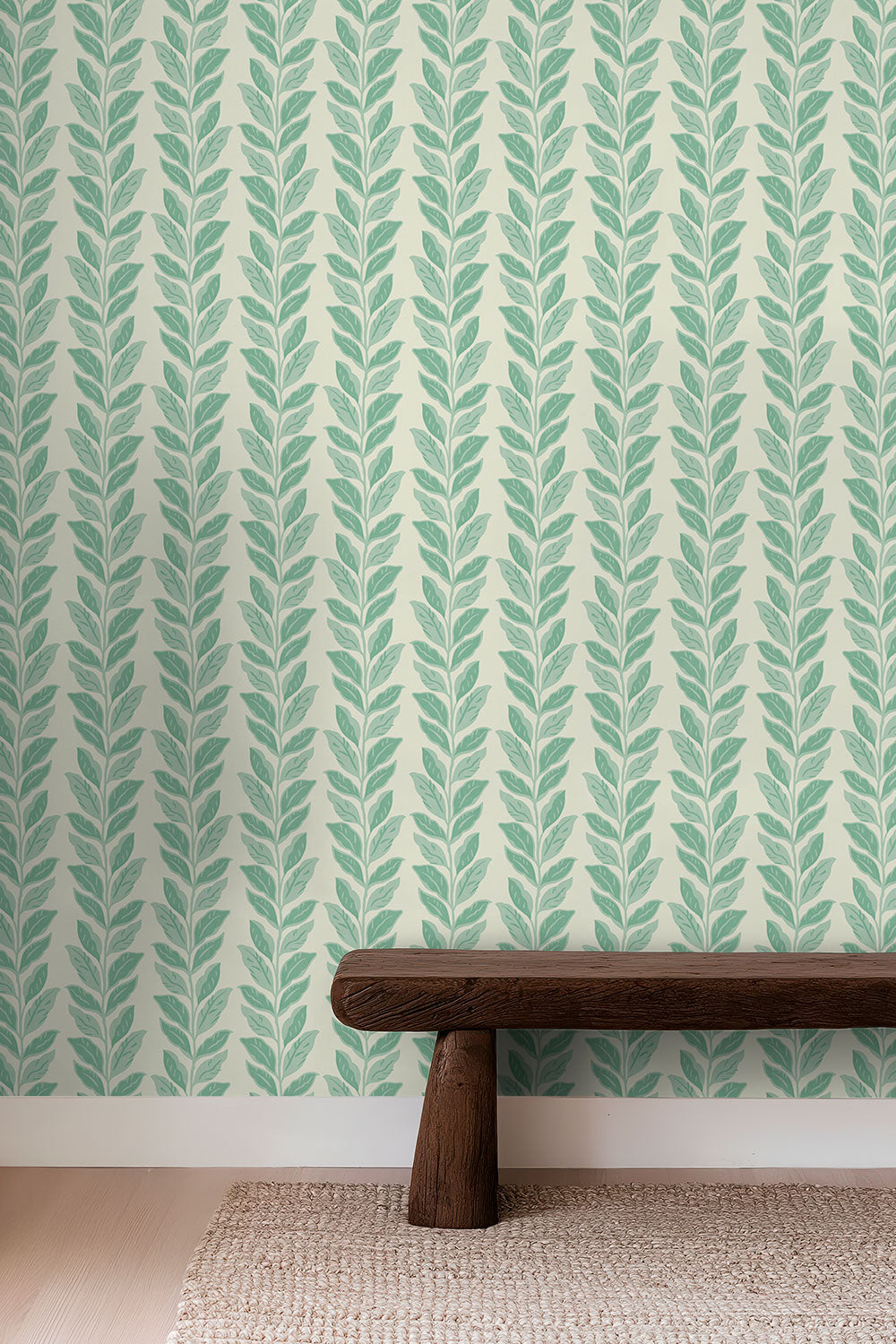 green vertical striped palm leaf
commercial grade water and stain resistant performance vinyl wall-covering, great for high traffic rooms like this mudroom and home entrances