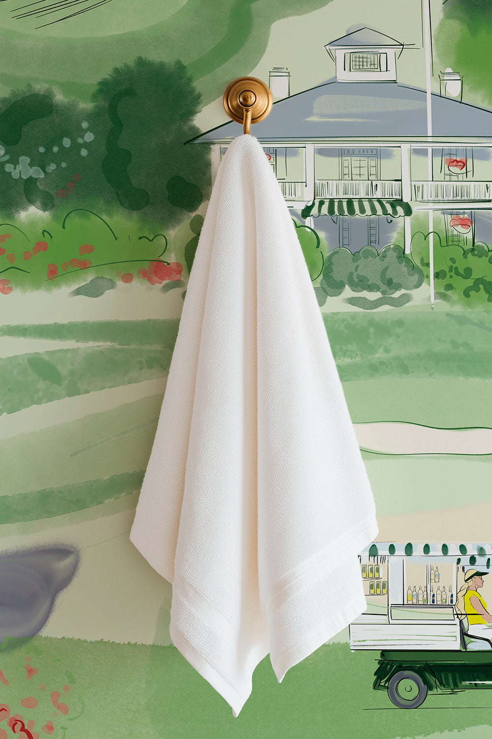 Watercolor golf course toile wallpaper with clubhouse, golfers, drink cart, azaleas, and scenic green landscape pattern printed on water resistant, washable performance wallpaper, fire rated, commercial grade wall-covering; perfect for country clubs, locker rooms, restaurants as well as kid-friendly spaces like bedrooms, bathrooms and playrooms