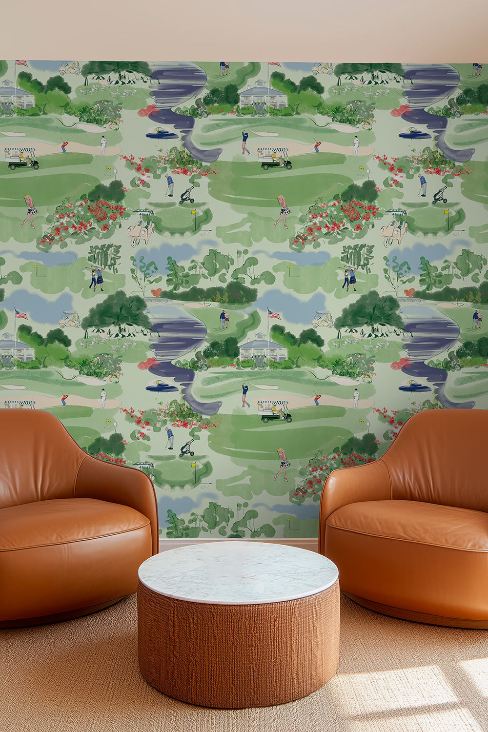 Watercolor golf course toile wallpaper with clubhouse, golfers, drink cart, azaleas, and scenic green landscape pattern