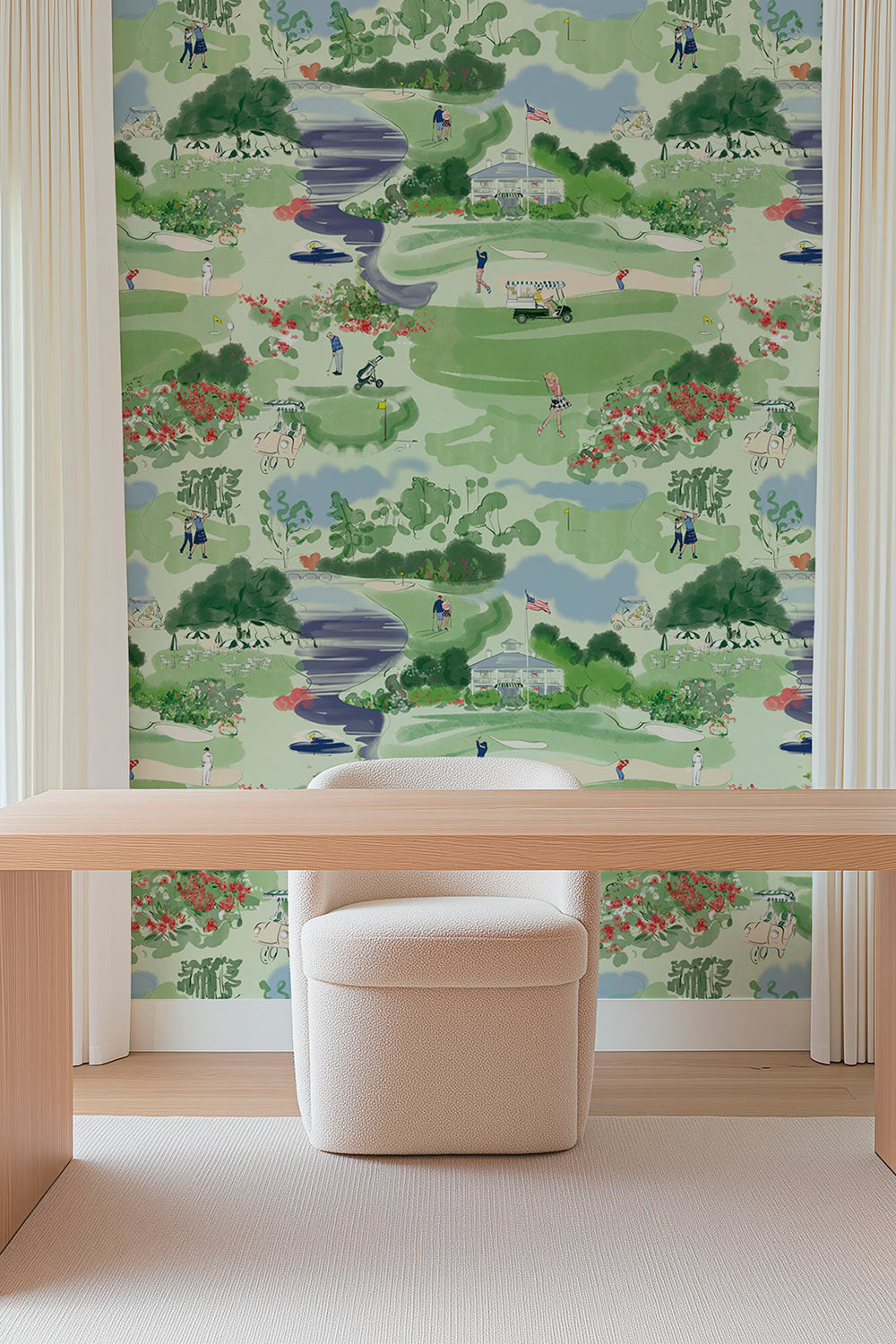 Watercolor golf course toile wallpaper with clubhouse, golfers, drink cart, azaleas, and scenic green landscape pattern printed on eco-friendly and all natural luxury grasscloth and paperweave/basketweave wall-covering, sustainably sourced; perfect for high-end home offices, clubhouses and country club lounges