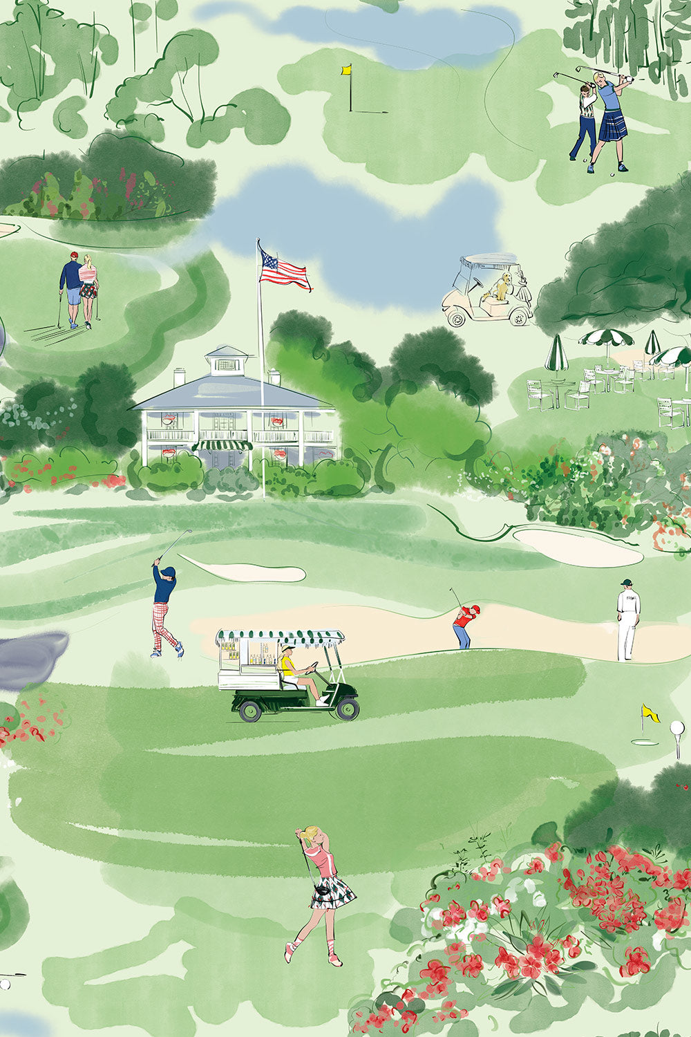 Watercolor golf course toile wallpaper with clubhouse, golfers, drink cart, azaleas, and scenic green landscape pattern printed on eco-friendly and all natural luxury grasscloth and paperweave/basketweave wall-covering, sustainably sourced