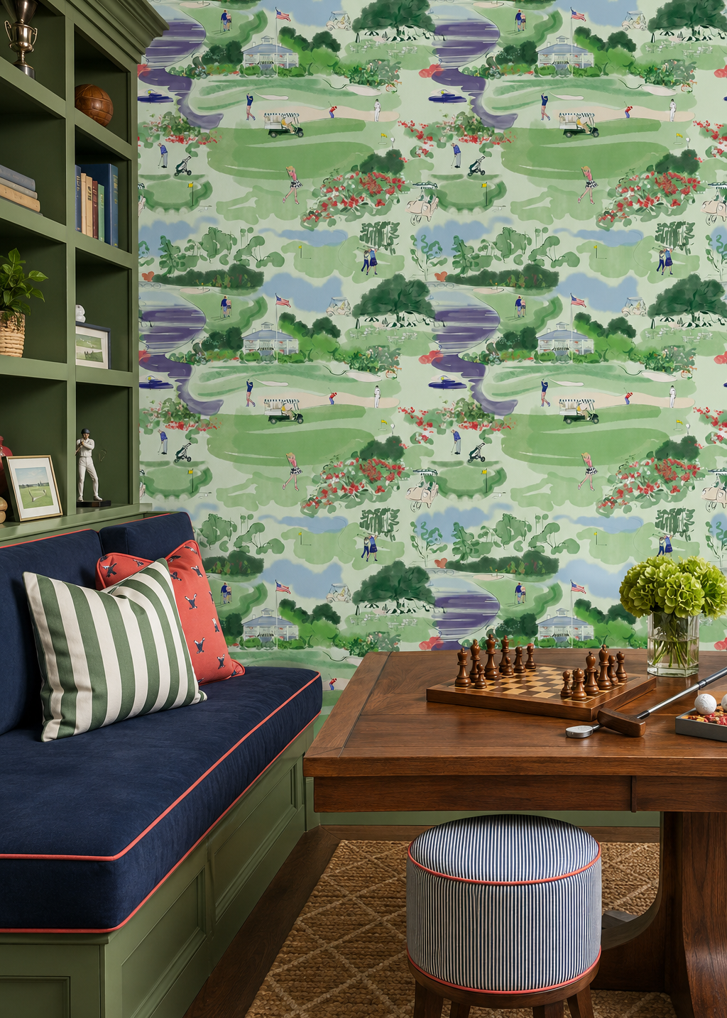 Watercolor golf course toile wallpaper with clubhouse, golfers, drink cart, azaleas, and scenic green landscape pattern featured in this elevated traditional game room

