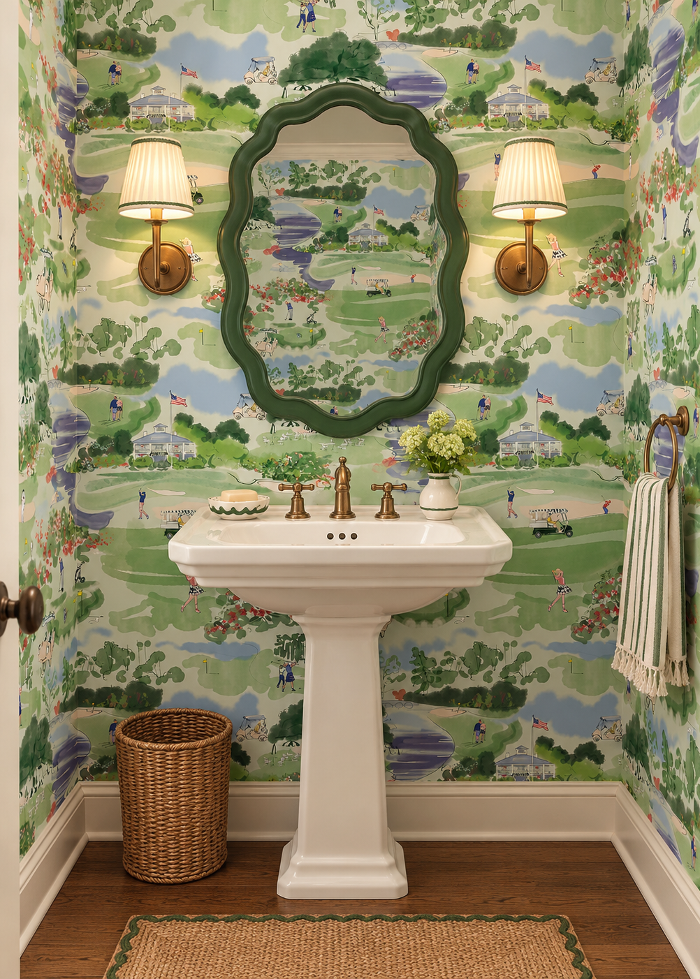 Watercolor golf course toile wallpaper with clubhouse, golfers, drink cart, azaleas, and scenic green landscape pattern printed on water resistant, washable performance wallpaper, fire rated, commercial grade wall-covering; perfect for country clubs, locker rooms, restaurants as well as kid-friendly spaces like bedrooms, bathrooms and playrooms