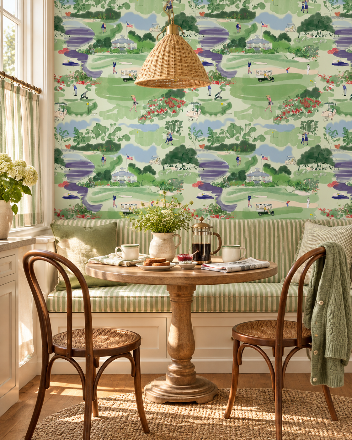Watercolor golf course toile wallpaper with clubhouse, golfers, drink cart, azaleas, and scenic green landscape pattern printed on eco-friendly and all natural luxury grasscloth and paperweave/basketweave wall-covering, sustainably sourced; perfect for high-end home offices, clubhouses and country club lounges