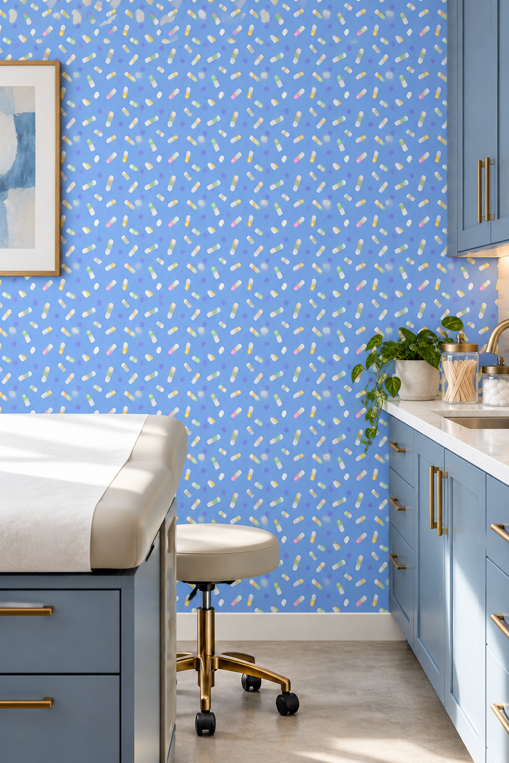 upscale doctor's office with blue wallpaper and bright colored pills dotting the design printed on commercial grade washable performance vinyl wallpaper