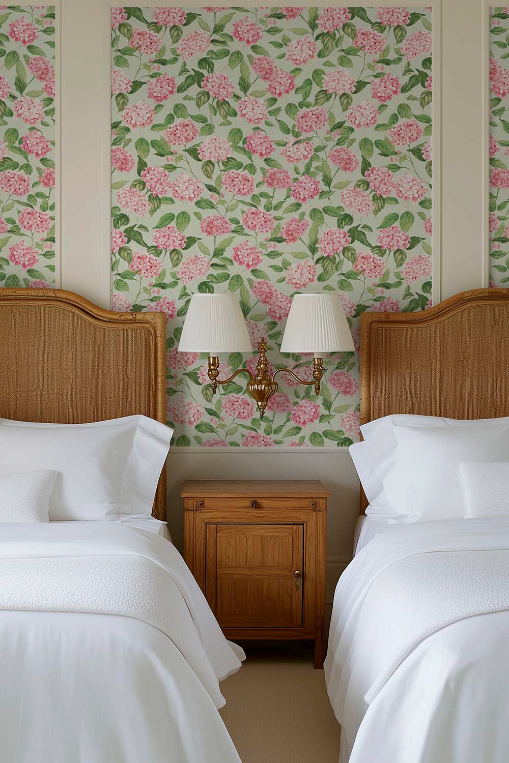hydrangea wallpaper, watercolor floral wallpaper, hydrangea floral print, botanical wallpaper, blue floral wallpaper, pink floral wallpaper, green floral wallpaper, hand painted wallpaper, classic floral wallpaper, luxury custom wall-covering, all natural, eco-friendly home decor for interior designers