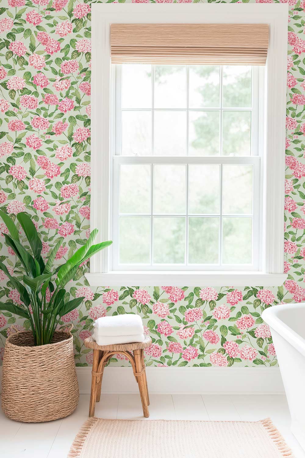hydrangea wallpaper, watercolor floral wallpaper, hydrangea floral print, botanical wallpaper, blue floral wallpaper, pink floral wallpaper, green floral wallpaper, hand painted wallpaper, classic floral wallpaper, commercial grade vinyl wall-covering, luxury performance wallpaper, textured washable wallpaper, fire-rated custom wallpaper; perfect for kitchens, bathrooms, mudrooms and restaurants 