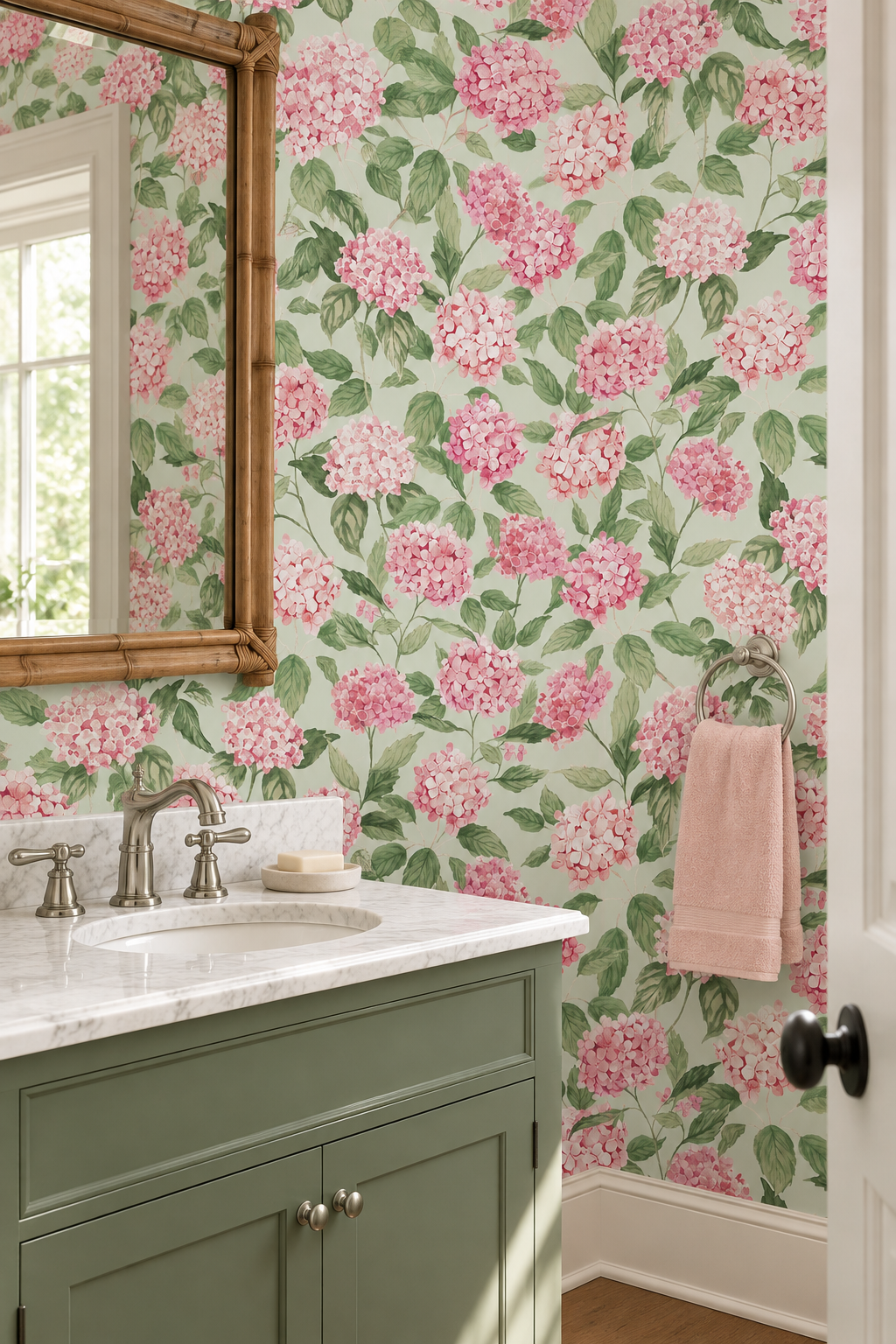 hydrangea wallpaper, watercolor floral wallpaper, hydrangea floral print, botanical wallpaper, blue floral wallpaper, pink floral wallpaper, green floral wallpaper, hand painted wallpaper, classic floral wallpaper, commercial grade vinyl wall-covering, luxury performance wallpaper, textured washable wallpaper, fire-rated custom wallpaper; perfect for kitchens, bathrooms, mudrooms and restaurants 