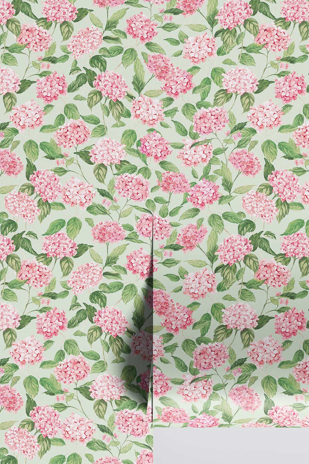 hydrangea wallpaper, watercolor floral wallpaper, hydrangea floral print, botanical wallpaper, blue floral wallpaper, pink floral wallpaper, green floral wallpaper, hand painted wallpaper, classic floral wallpaper, luxury custom wall-covering, all natural, eco-friendly home decor for interior designers