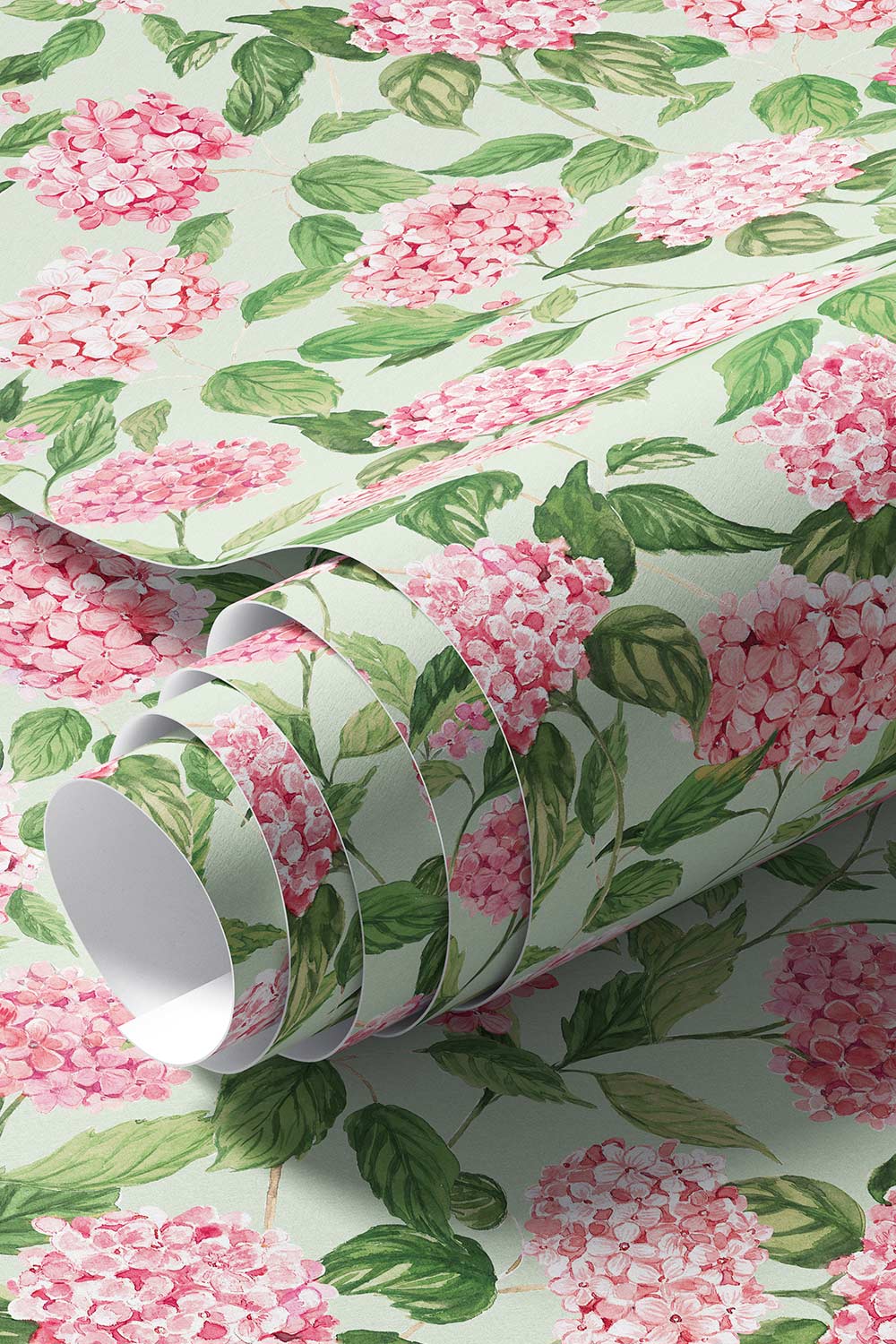 hydrangea wallpaper, watercolor floral wallpaper, hydrangea floral print, botanical wallpaper, blue floral wallpaper, pink floral wallpaper, green floral wallpaper, hand painted wallpaper, classic floral wallpaper, commercial grade vinyl wall-covering, luxury performance wallpaper, textured washable wallpaper, fire-rated custom wallpaper; perfect for kitchens, bathrooms, mudrooms and restaurants 