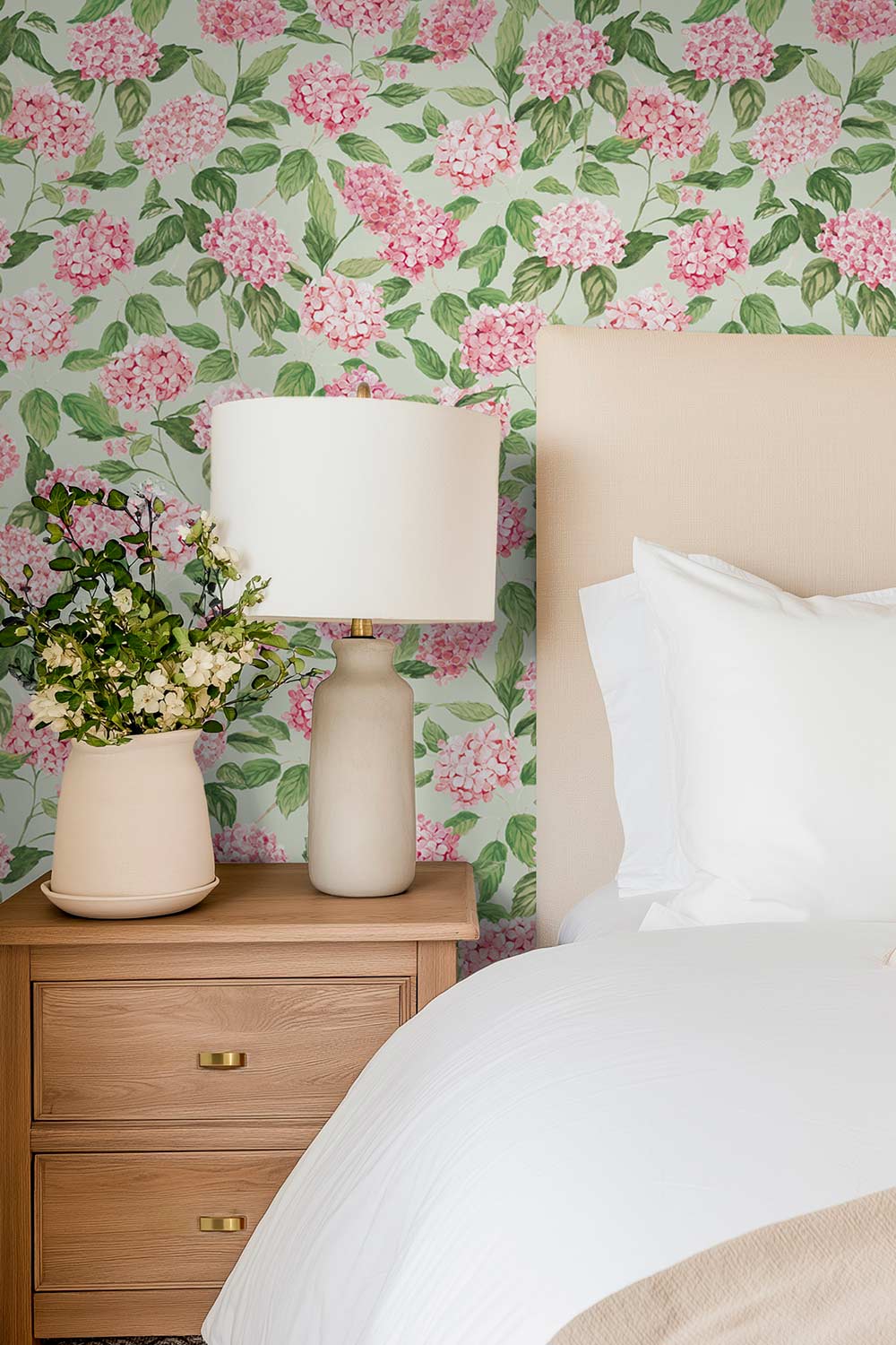 hydrangea wallpaper, watercolor floral wallpaper, hydrangea floral print, botanical wallpaper, blue floral wallpaper, pink floral wallpaper, green floral wallpaper, hand painted wallpaper, classic floral wallpaper, eco-friendly all-natural grasscloth wall-covering, grass cloth luxury wallpaper, paperweave wallpaper, basketweave wallpaper
