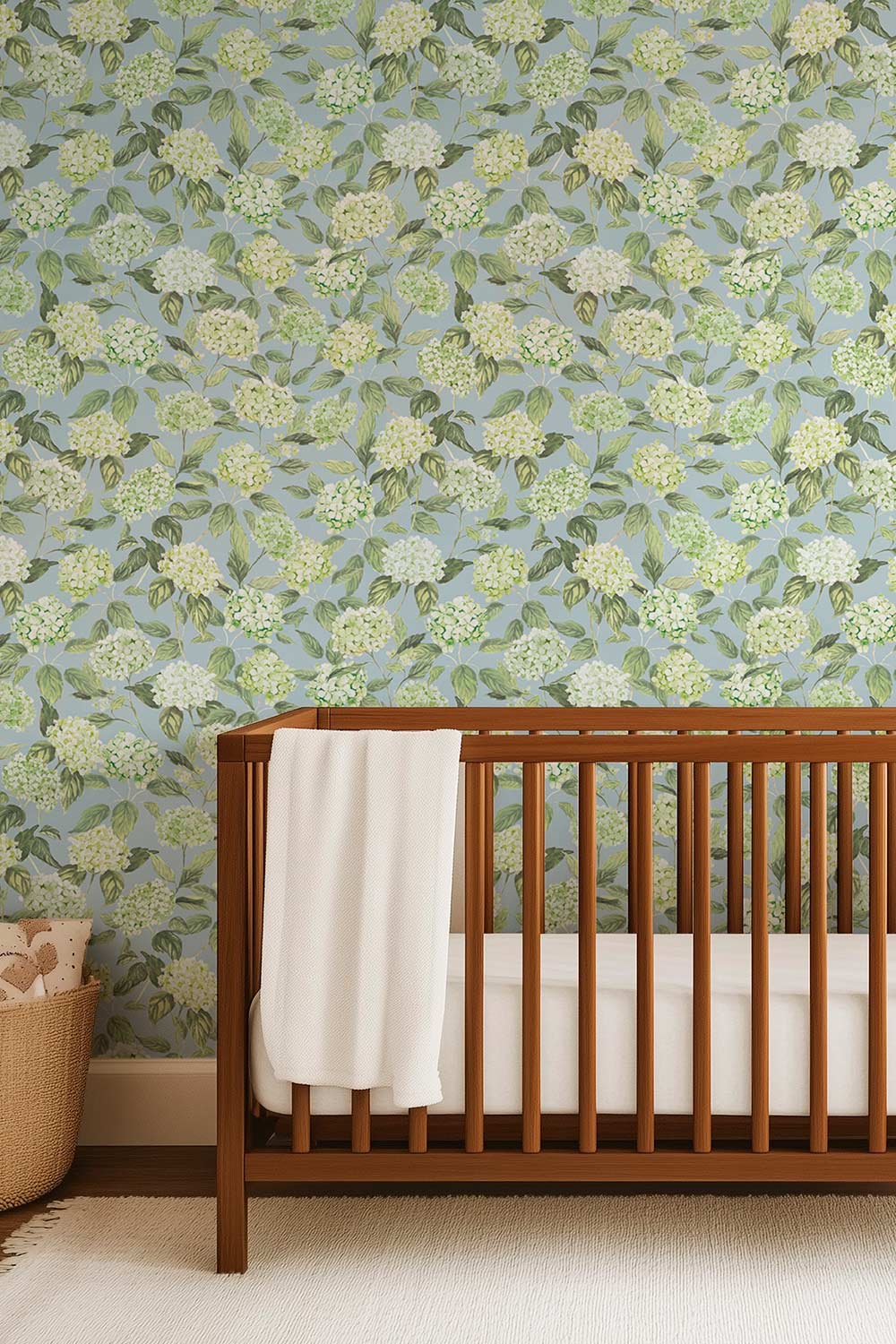 hydrangea wallpaper, watercolor floral wallpaper, hydrangea floral print, botanical wallpaper, blue floral wallpaper, pink floral wallpaper, green floral wallpaper, hand painted wallpaper, classic floral wallpaper, luxury custom wall-covering, all natural, eco-friendly home decor for interior designers; perfect for nurseries and kid's bedrooms