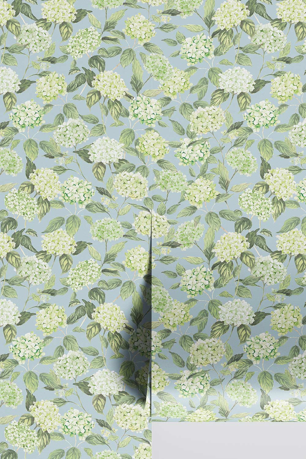hydrangea wallpaper, watercolor floral wallpaper, hydrangea floral print, botanical wallpaper, blue floral wallpaper, pink floral wallpaper, green floral wallpaper, hand painted wallpaper, classic floral wallpaper, luxury custom wall-covering, all natural, eco-friendly home decor for interior designers