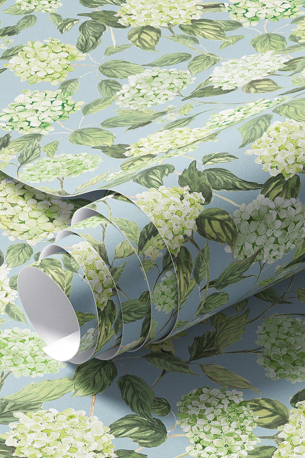 hydrangea wallpaper, watercolor floral wallpaper, hydrangea floral print, botanical wallpaper, blue floral wallpaper, pink floral wallpaper, green floral wallpaper, hand painted wallpaper, classic floral wallpaper, commercial grade vinyl wall-covering, luxury performance wallpaper, textured washable wallpaper, fire-rated custom wallpaper; perfect for kitchens, bathrooms, mudrooms and restaurants 