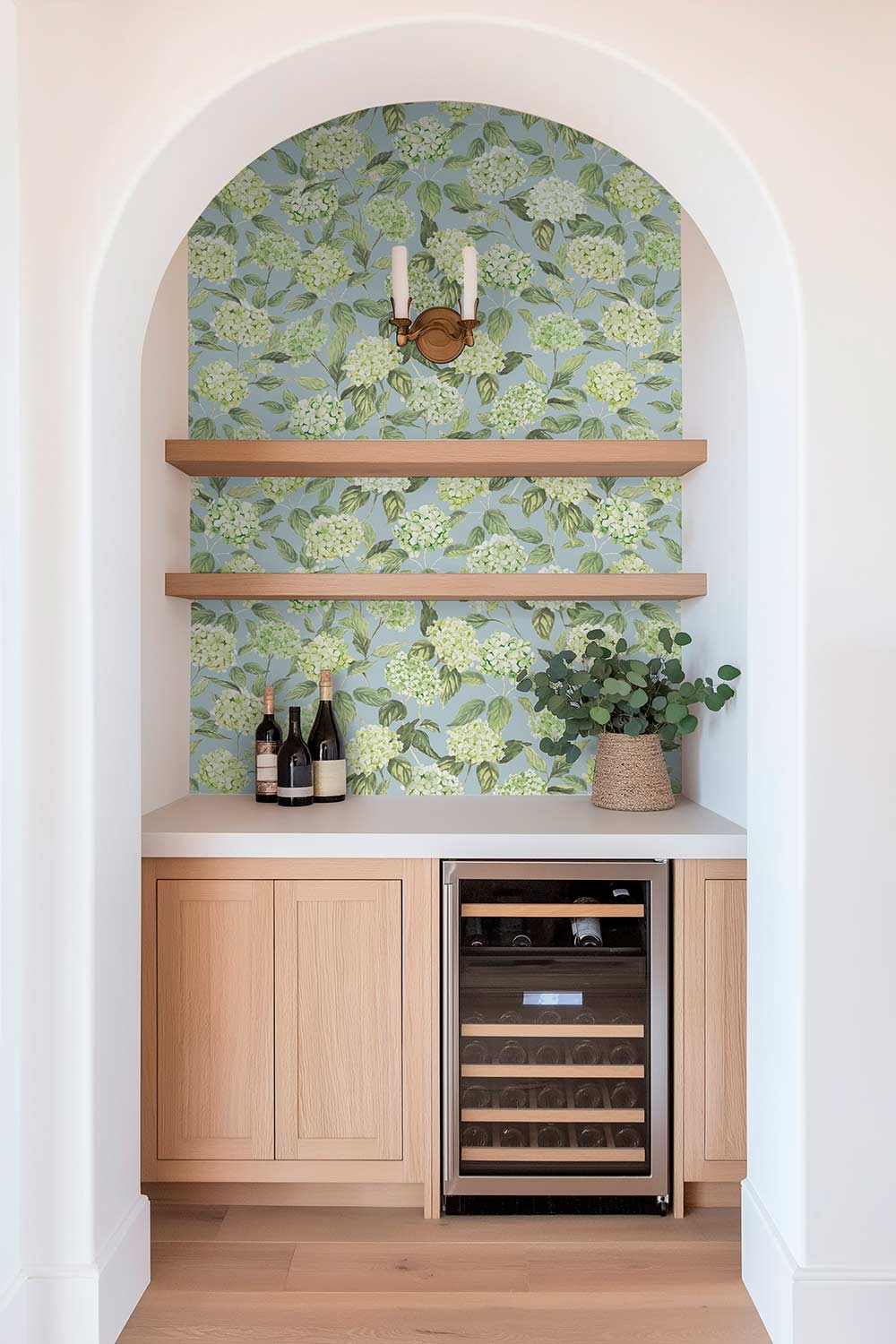 hydrangea wallpaper, watercolor floral wallpaper, hydrangea floral print, botanical wallpaper, blue floral wallpaper, pink floral wallpaper, green floral wallpaper, hand painted wallpaper, classic floral wallpaper, commercial grade vinyl wall-covering, luxury performance wallpaper, textured washable wallpaper, fire-rated custom wallpaper; perfect for kitchens, bathrooms, mudrooms and restaurants 
