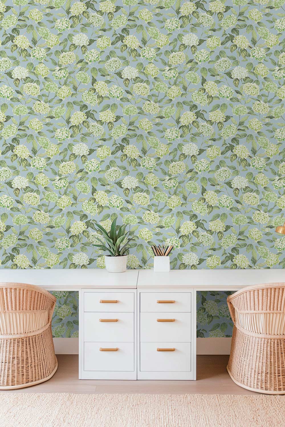hydrangea wallpaper, watercolor floral wallpaper, hydrangea floral print, botanical wallpaper, blue floral wallpaper, pink floral wallpaper, green floral wallpaper, hand painted wallpaper, classic floral wallpaper, eco-friendly all-natural grasscloth wall-covering, grass cloth luxury wallpaper, paperweave wallpaper, basketweave wallpaper