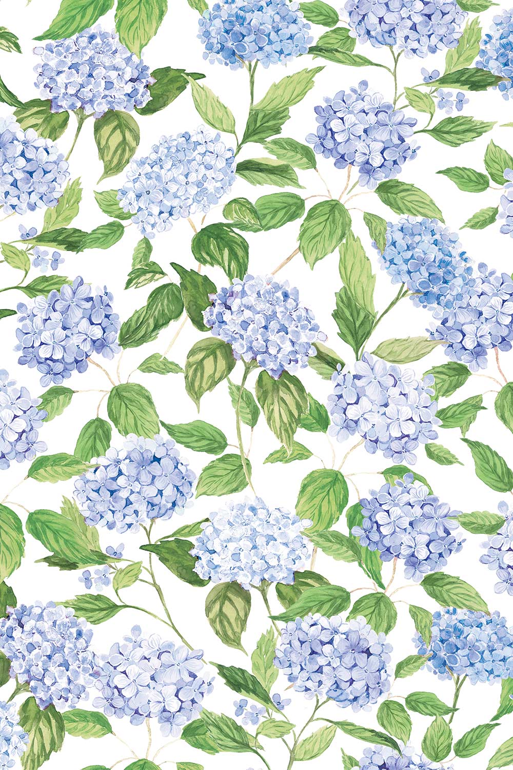 hydrangea wallpaper, watercolor floral wallpaper, hydrangea floral print, botanical wallpaper, blue floral wallpaper, pink floral wallpaper, green floral wallpaper, hand painted wallpaper, classic floral wallpaper, commercial grade vinyl wall-covering, luxury performance wallpaper, textured washable wallpaper, fire-rated custom wallpaper