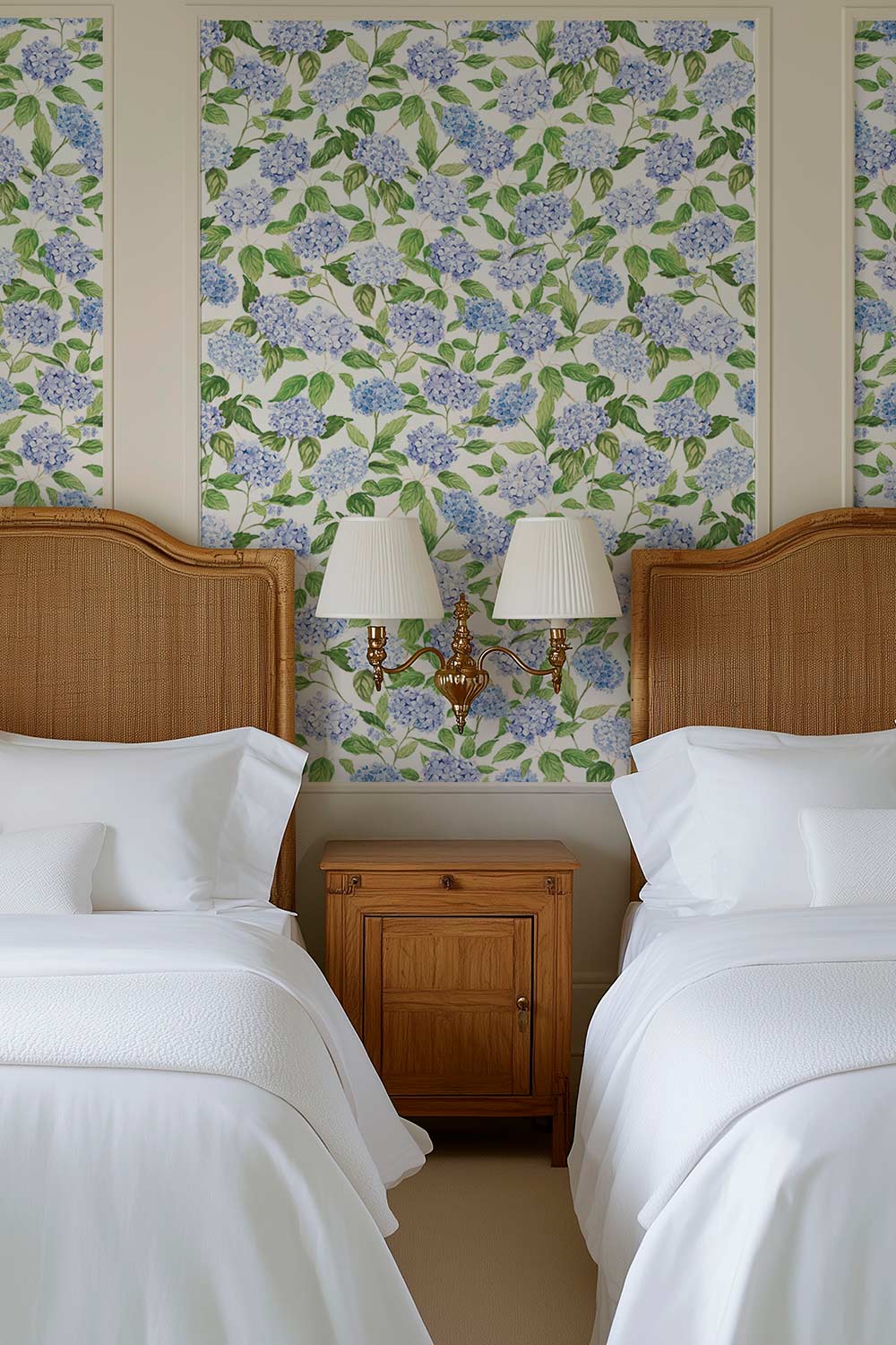 hydrangea wallpaper, watercolor floral wallpaper, hydrangea floral print, botanical wallpaper, blue floral wallpaper, pink floral wallpaper, green floral wallpaper, hand painted wallpaper, classic floral wallpaper, eco-friendly all-natural grasscloth wall-covering, grass cloth luxury wallpaper, paperweave wallpaper, basketweave wallpaper