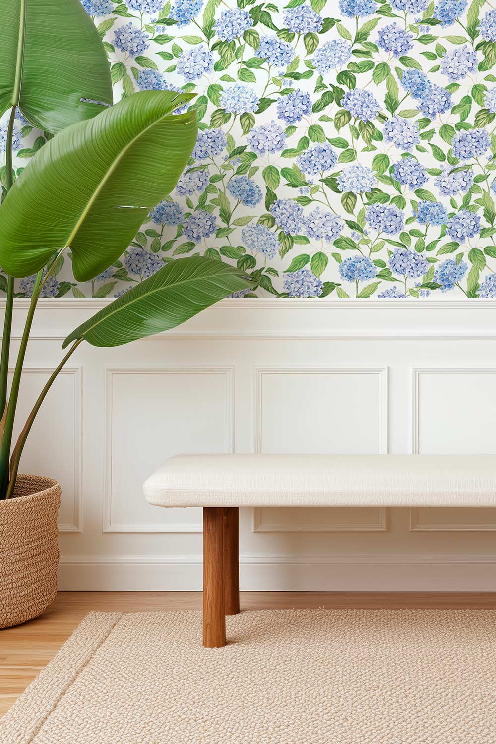 hydrangea wallpaper, watercolor floral wallpaper, hydrangea floral print, botanical wallpaper, blue floral wallpaper, pink floral wallpaper, green floral wallpaper, hand painted wallpaper, classic floral wallpaper, luxury custom wall-covering, all natural, eco-friendly home decor for interior designers