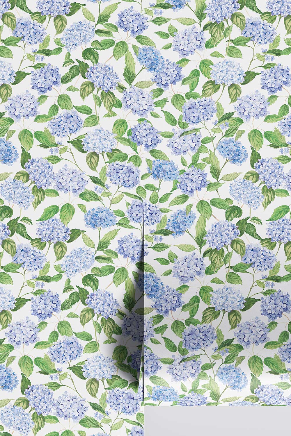 hydrangea wallpaper, watercolor floral wallpaper, hydrangea floral print, botanical wallpaper, blue floral wallpaper, pink floral wallpaper, green floral wallpaper, hand painted wallpaper, classic floral wallpaper, luxury custom wall-covering, all natural, eco-friendly home decor for interior designers