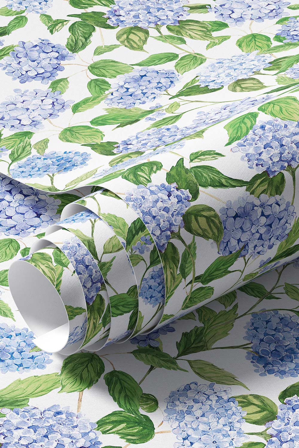 hydrangea wallpaper, watercolor floral wallpaper, hydrangea floral print, botanical wallpaper, blue floral wallpaper, pink floral wallpaper, green floral wallpaper, hand painted wallpaper, classic floral wallpaper, commercial grade vinyl wall-covering, luxury performance wallpaper, textured washable wallpaper, fire-rated custom wallpaper