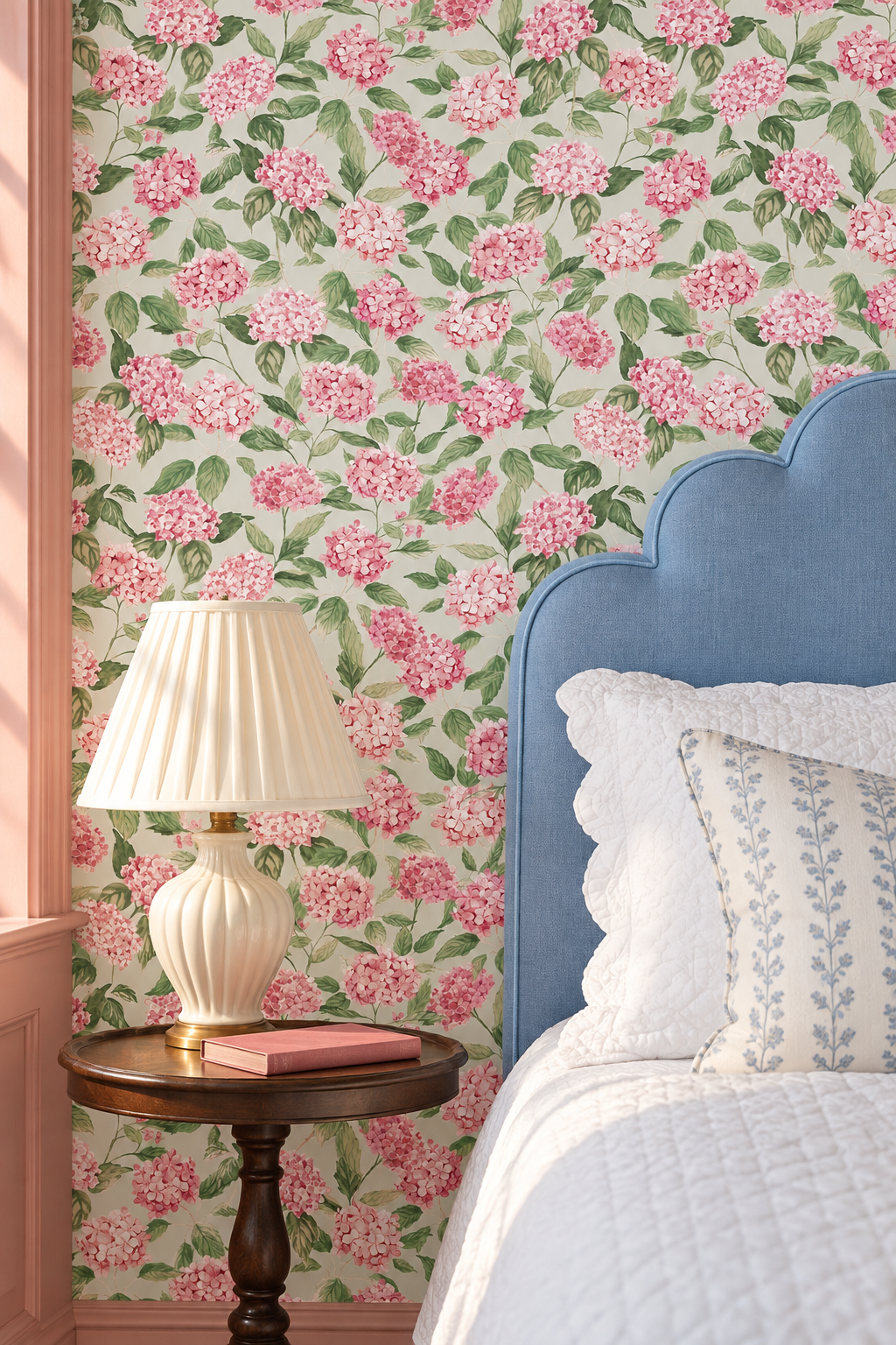 hydrangea watercolor floral wallpaper featured in this luxury master bedroom suite.