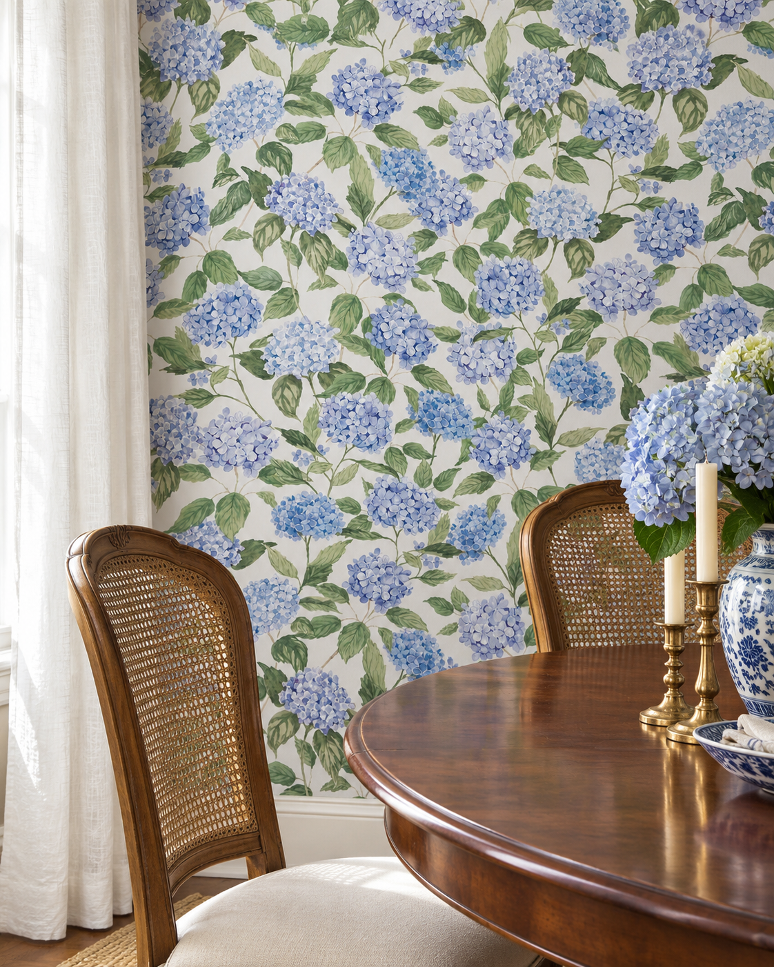 blue hydrangea handpainted wtercolor wallpaper featured in this elegant traditional dining room