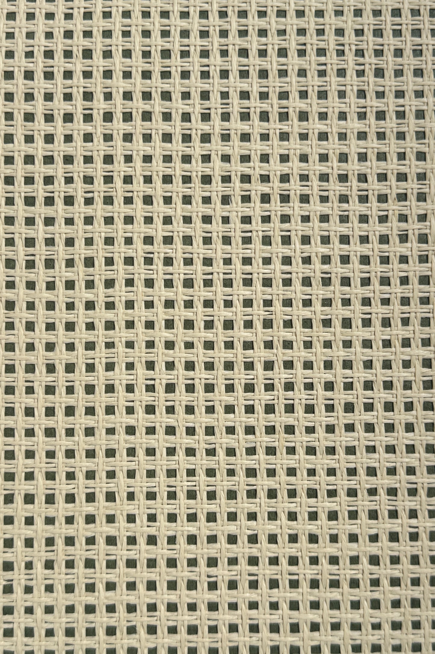 Natural woven paperweave wallpaper swatch in neutral textured sisal on moss green with square lattice pattern
