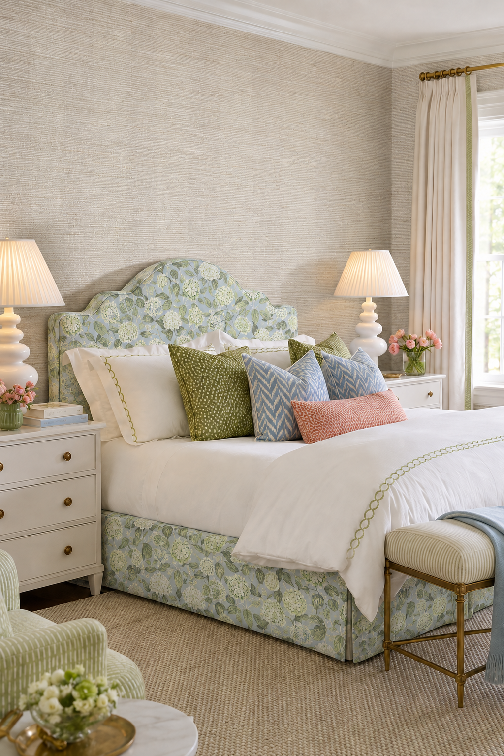Ivory Grasscloth Wallpaper with Gold Metallic Flecks featured in this luxury bedroom