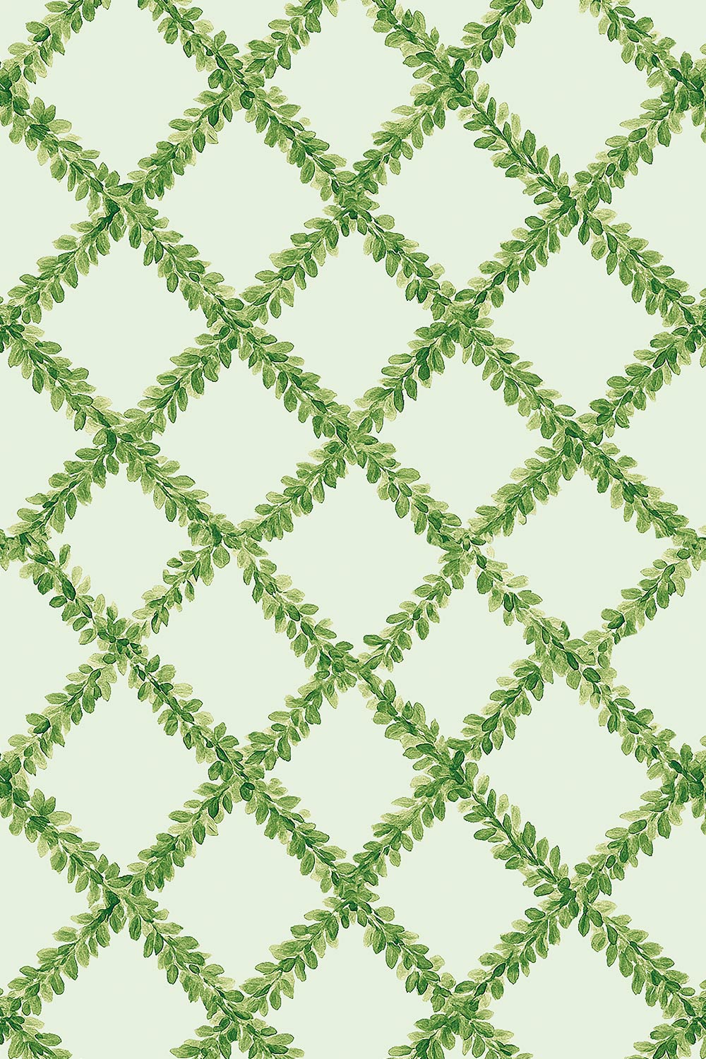 Ivy Trellis grasscloth wallpaper featuring hand-painted green leafy diamonds on a woven natural fiber surface