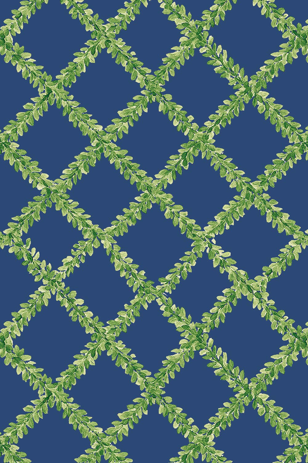 Ivy Trellis grasscloth wallpaper featuring hand-painted green leafy diamonds on a bright navy blue woven natural fiber surface