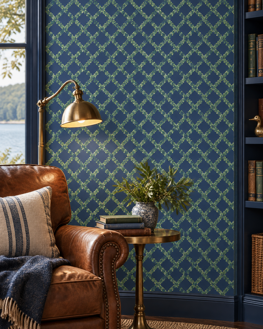 A styled interior scene featuring a dark navy wallpaper with a repeating light green geometric lattice pattern on the wall behind a brown leather armchair, brass floor lamp, and small round side table.