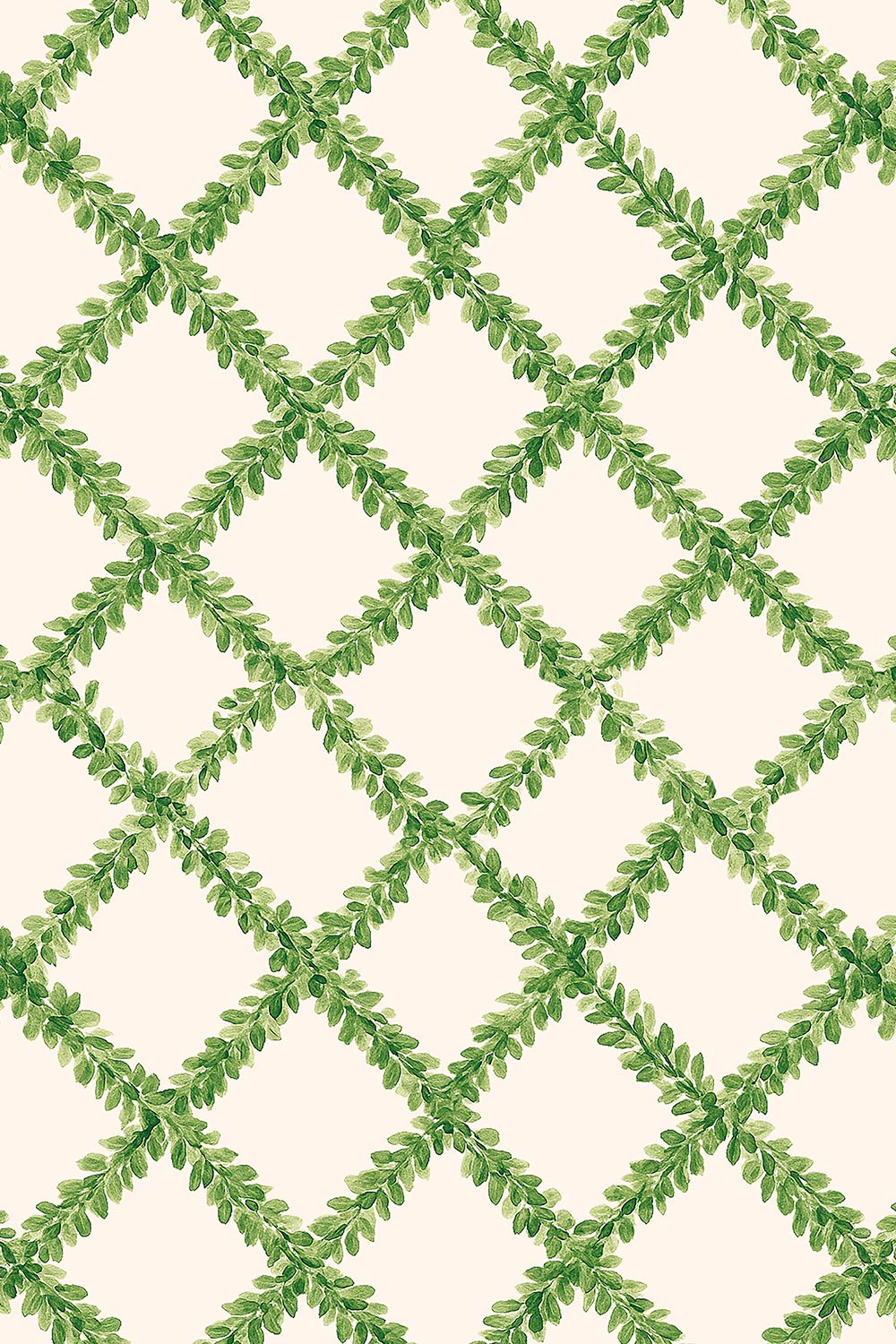Ivy Trellis grasscloth wallpaper featuring hand-painted green leafy diamonds on a woven natural fiber surface in neutral creamy white base