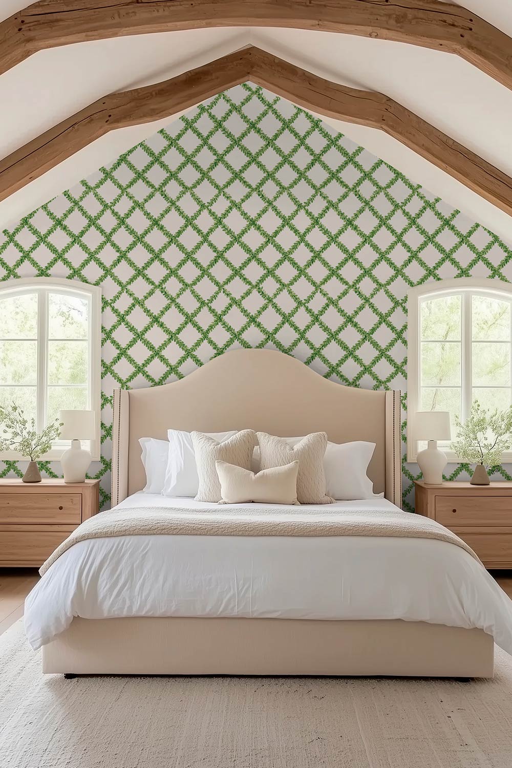 Ivy Trellis grasscloth wallpaper featuring hand-painted green leafy diamonds on a woven natural fiber surface in neutral creamy white base perfect for calming master suites