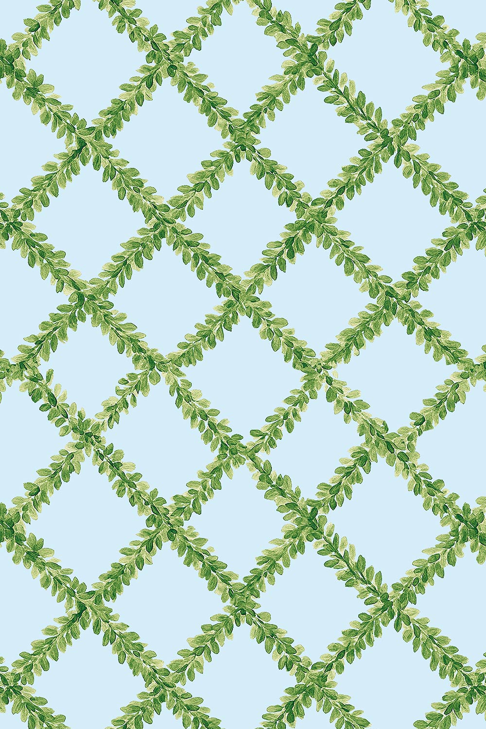Ivy Trellis grasscloth wallpaper featuring hand-painted green leafy diamonds on a light blue woven natural fiber surface