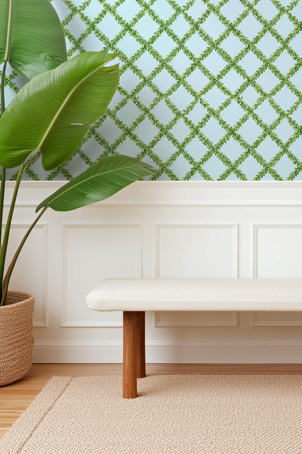 Ivy Trellis grasscloth wallpaper featuring hand-painted green leafy diamonds on a light blue woven natural fiber surface perfect for formal entryways