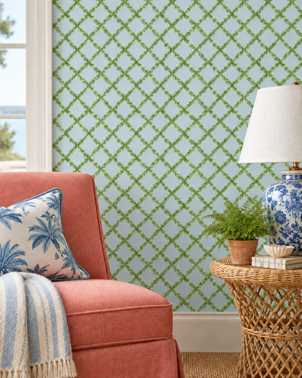 A styled interior scene featuring a coral pink armchair with a blue palm-patterned pillow, set against a wall with light blue wallpaper and a green trellis pattern. A wicker side table with a blue and white ceramic lamp, a small potted plant, and books sits to the right.