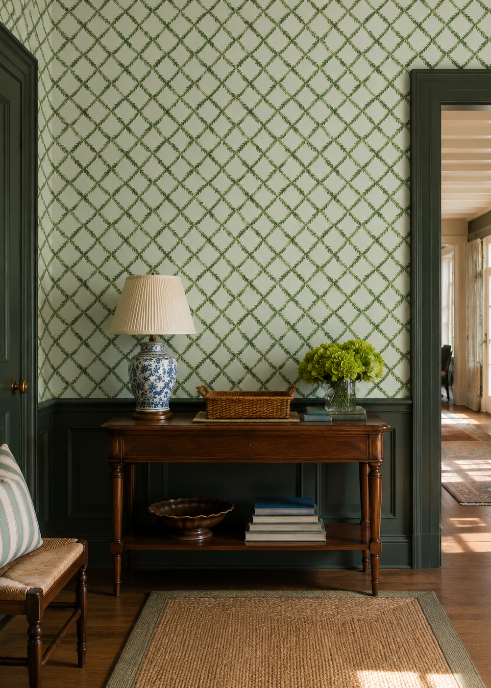 Ivy Trellis grasscloth wallpaper featuring hand-painted green leafy diamonds on a woven natural fiber surface perfect traditional home entryways
