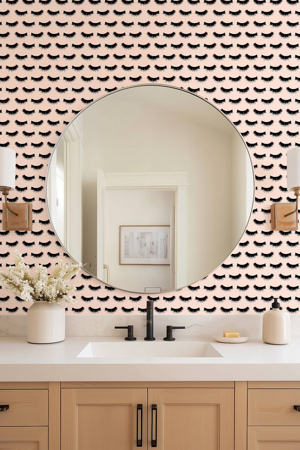 Hand-painted eyelash stripe wallpaper on smooth matte paper, featuring black mascara-style lashes on blush, pink, and white backgrounds perfect for girl's bathrooms and bedrooms and for beauty studios, makeup retail stores and lash bars